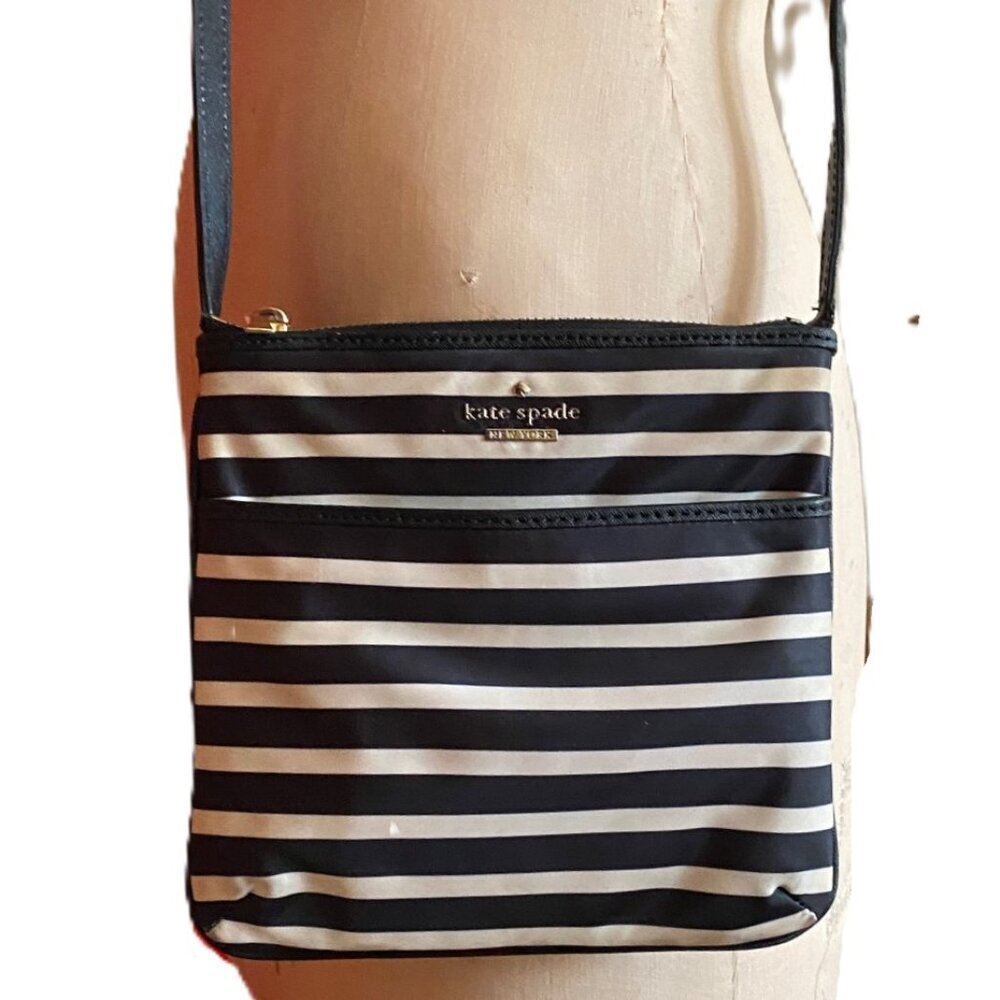 Kate Spade striped black and tan crossbody nylon purse bag - Picture 3 of 16